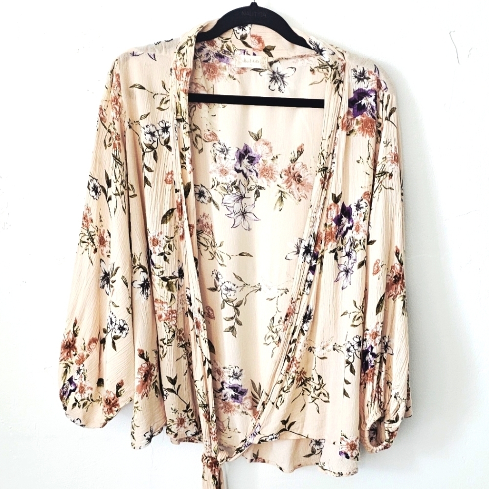 Altar'd State Floral Cream Oversize Tie Front Women's Summer Cardigan Top Size S